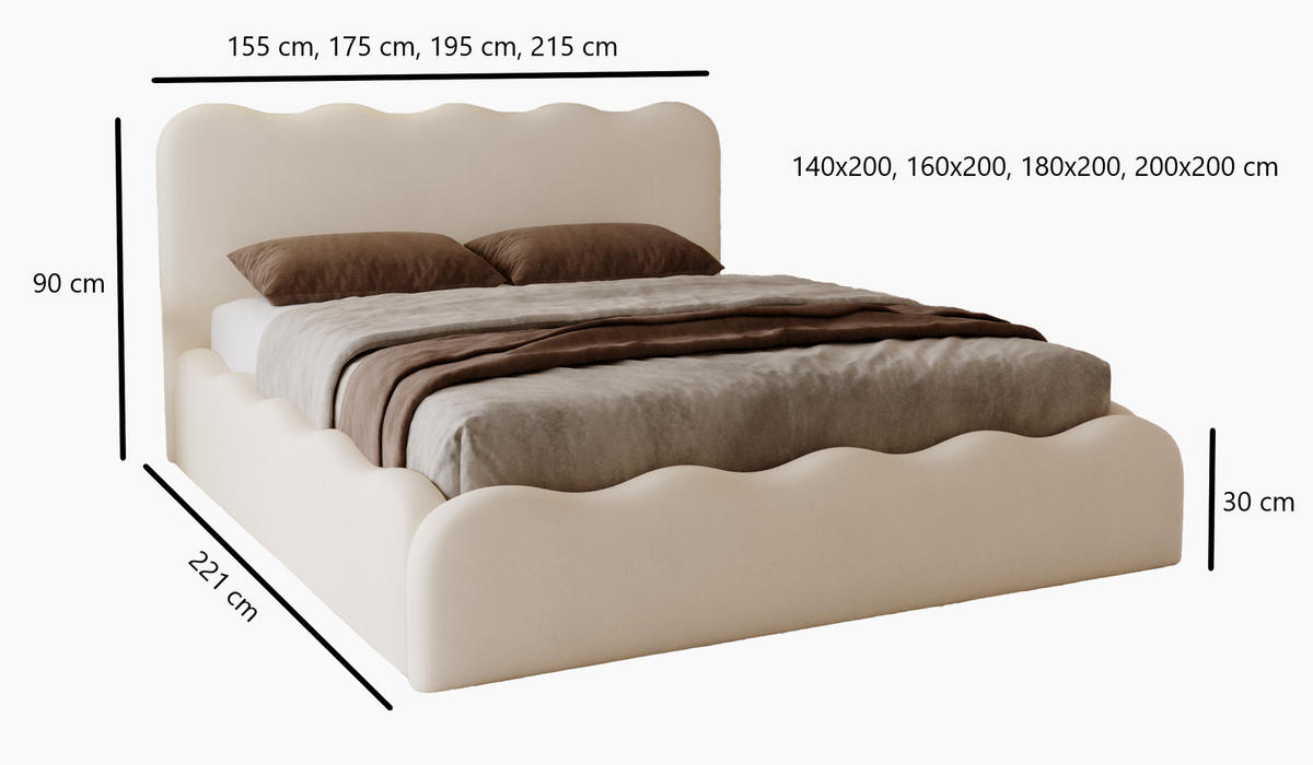 POLSTERBETT 160x200 Wave, Bettkasten, Boucle, Creme - Creme, Holz/Textil (160/200cm) - Emporius