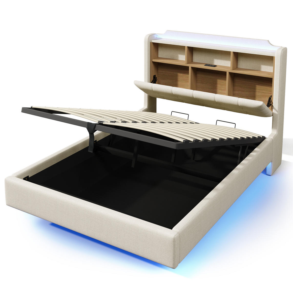 ČALÚNENÁ posteľ z lepidla a MDF 140x200 cm béžová s LED osvetlením, hydraulickým úložným priestorom a USB/Typ-C - béžová, textil (140/200cm) - Modfu