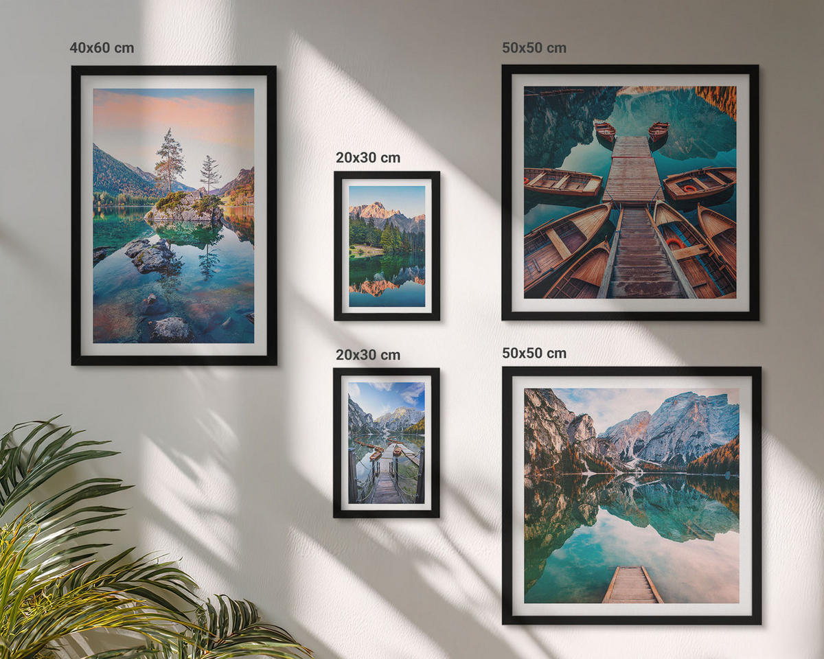 BILDER SET 5er Set - 50x50 cm & 20x30 cm & 40x60 cm Schwarzer Rahmen - Pfad Wald Wasserfall Vegetation - Schwarz, Kunststoff (40/60cm) - TULUP