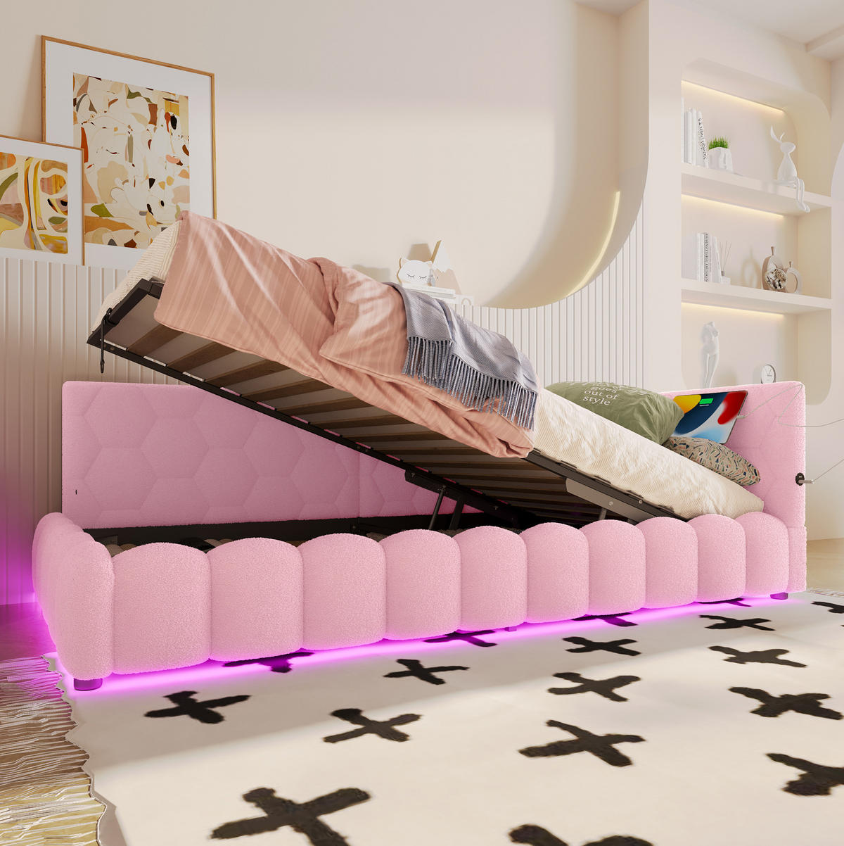 TAGESBETT 90/200 cm mit LED-Lichtleiste, USB, Typ-C und hydraulischem Bettkasten, Rosa - Rosa, Textil (90/200cm) - Redom