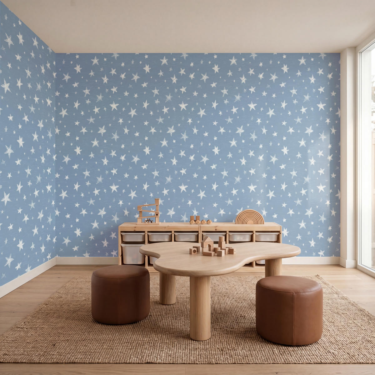 KINDERTAPETE - Sterne - Muster - Blau - 450x200 cm - Hellblau, Papier (450/200cm) - OnlyWow