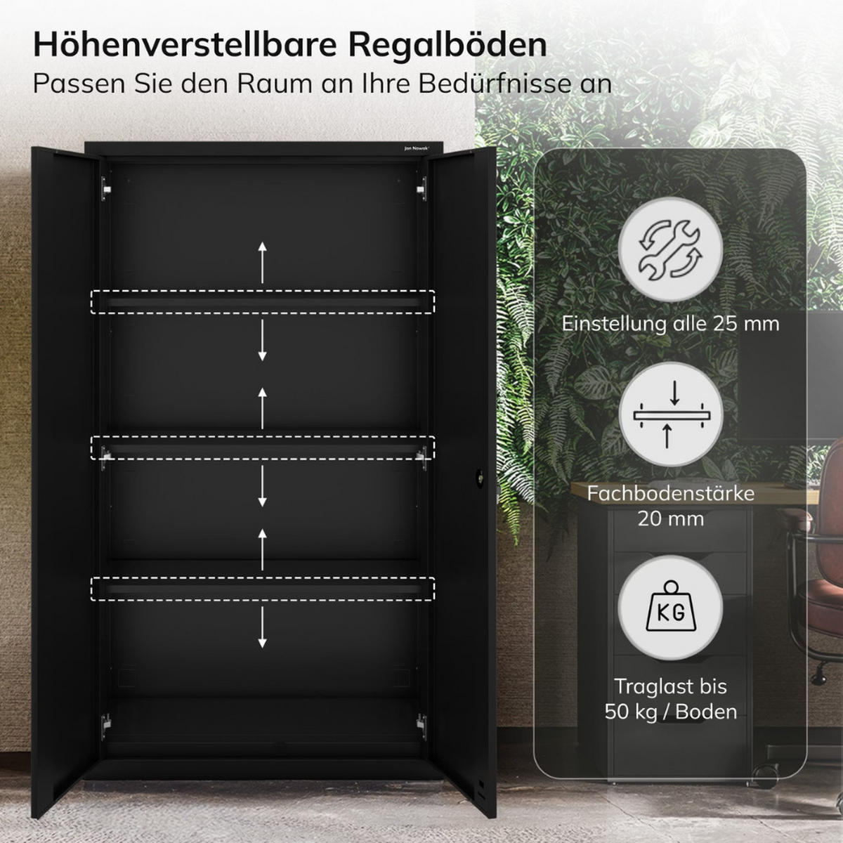 METALLSCHRANK mit Einzel-Schublade MEGAN 195x90x40cm Schwarz - Schwarz, Metall (90/195/40cm) - Jan Nowak