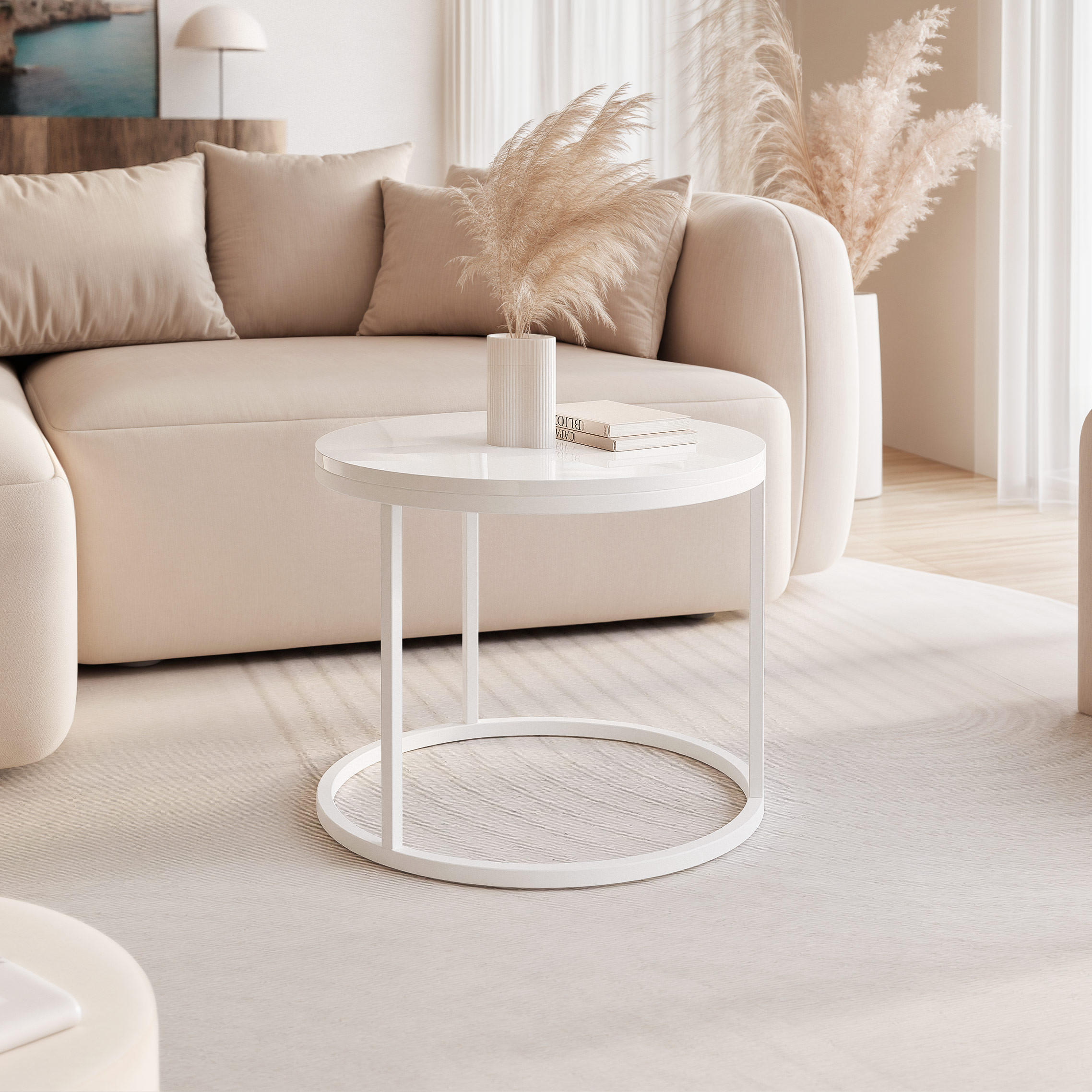 COUCHTISCH 50 cm rund Weiß Hochglanz, Weiß Gestell - Weiß Hochglanz, Holzwerkstoff (50/50/42cm) - Idohome