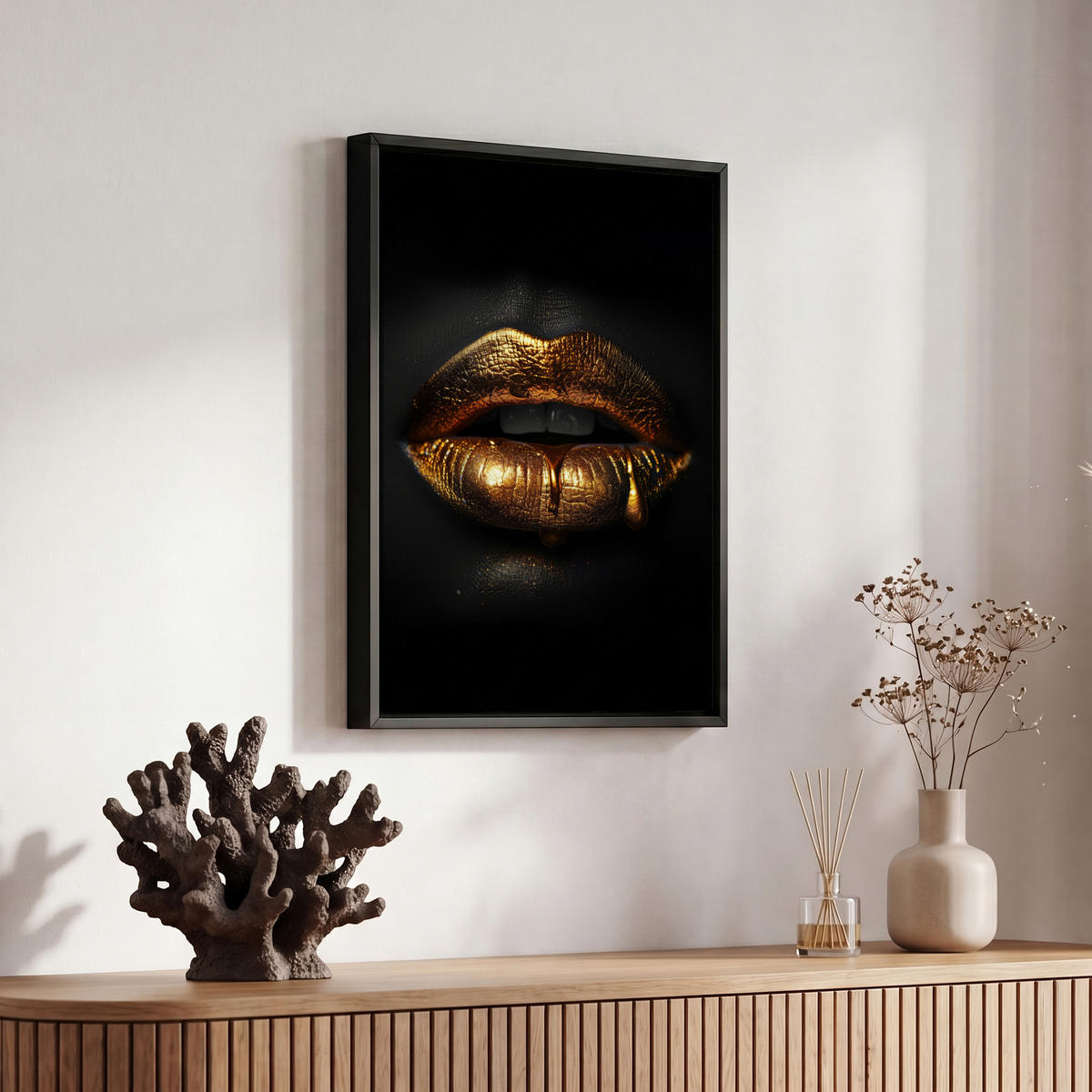 LEINWAND Bilder mit Rahmen - Frau - Porträt - Lippen - Gold - Schwarz - 20x30 - Schwarz, Textil (20/30cm) - MuchoWow
