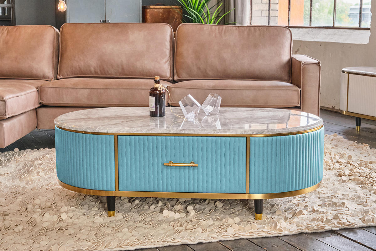 COUCHTISCH MARIA Hellblau Kunstleder - Schwarz/Hellblau, Stein/Metall (70/130/45cm) - KAWOLA