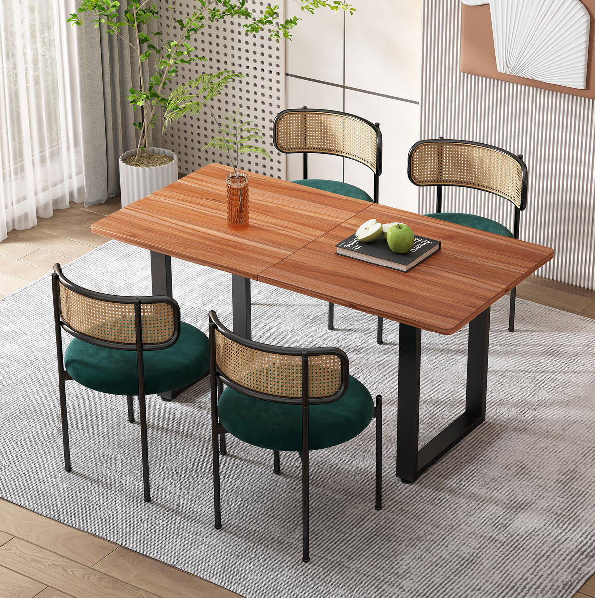 ESSZIMMERSTUHL 4er-Set mit Rattan-Rückenlehne Samt Green - Grün, Metall (40/75/45.2cm) - Meubliv