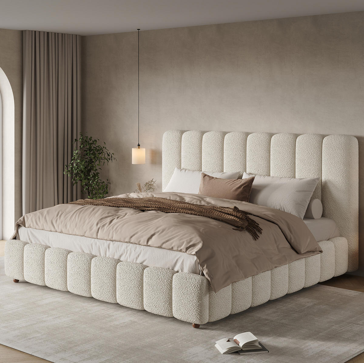 POLSTERBETT 200/200 cm mit hydraulischem Bettkasten und vertikalem Kopfteil, Bouclé, Weiß - Weiß, Textil (200/200cm) - Redom