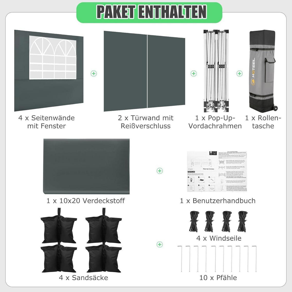 FALTPAVILLON 3x6 m Grau mit 6 Seitenwänden Metall - Grau, Metall (300/203/600cm)