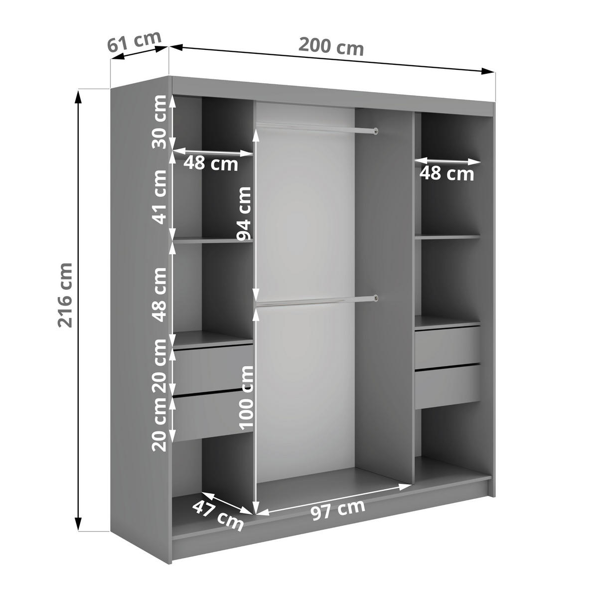 SCHWEBETÜRENSCHRANK mit Spiegel und Schubladen - WALENCJA - 240 - Grau lacobel - Alufarben/Grau, Holzwerkstoff/Metall (240/216/61cm) - MKS