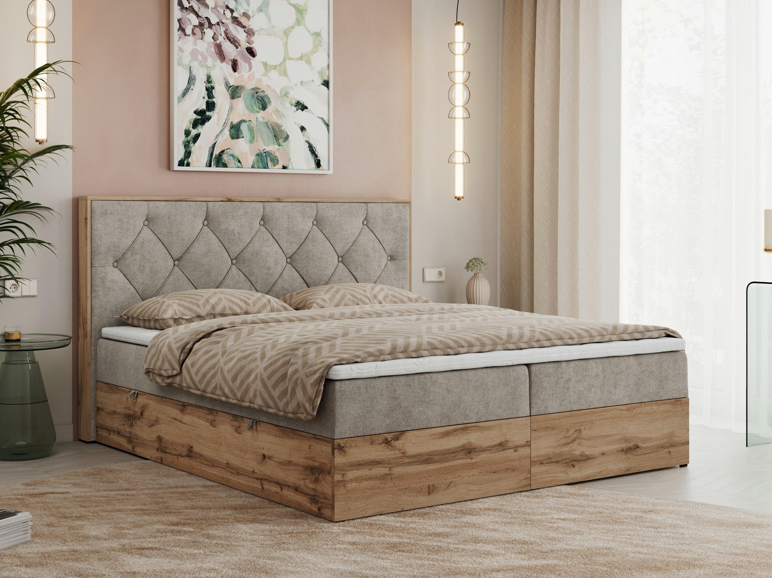 BOXBETT VENETO 160/200 Beige Struktur - H3 - Beige, Holz/Textil (160/200cm) - MKS