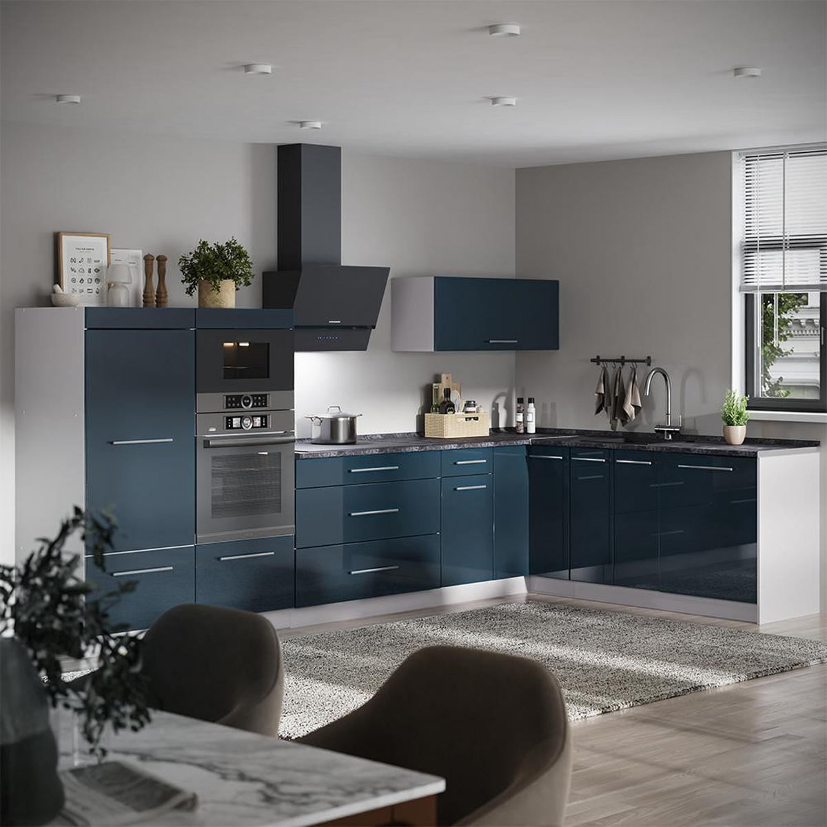 KUHINJA V OBLIKI ČRKE L Fame-Line, Temno modra z visokim sijajem/Bela, 347 x 207 cm, DP Antracit - bela/temno modra, leseni material (347/153.6/60cm) - Vicco