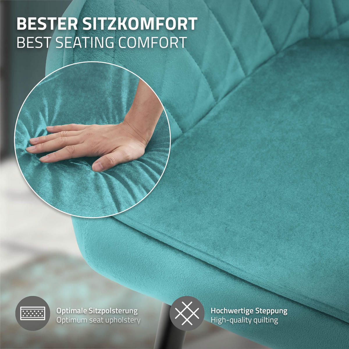 ESSZIMMERSTUHL 2er Set Petrol Samt - Türkis/Schwarz, Textil/Metall (60/80/63cm) - ML-DESIGN