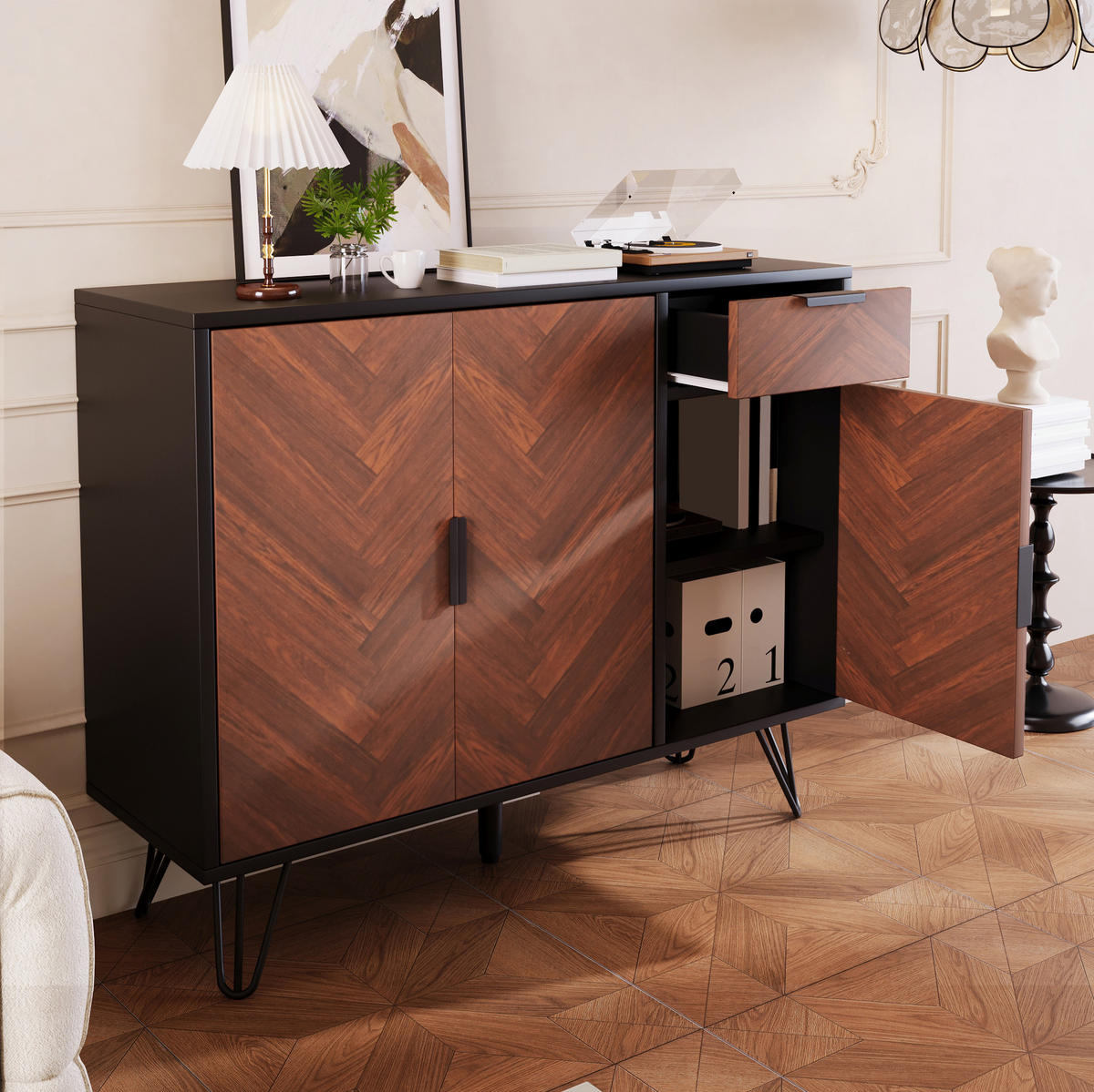 SIDEBOARD 90/30/71,5 cm in Schwarz und Holzoptik mit 3 Türen und Schublade - Naturfarben, Holzwerkstoff (90/71.5/30cm) - Flora Grace