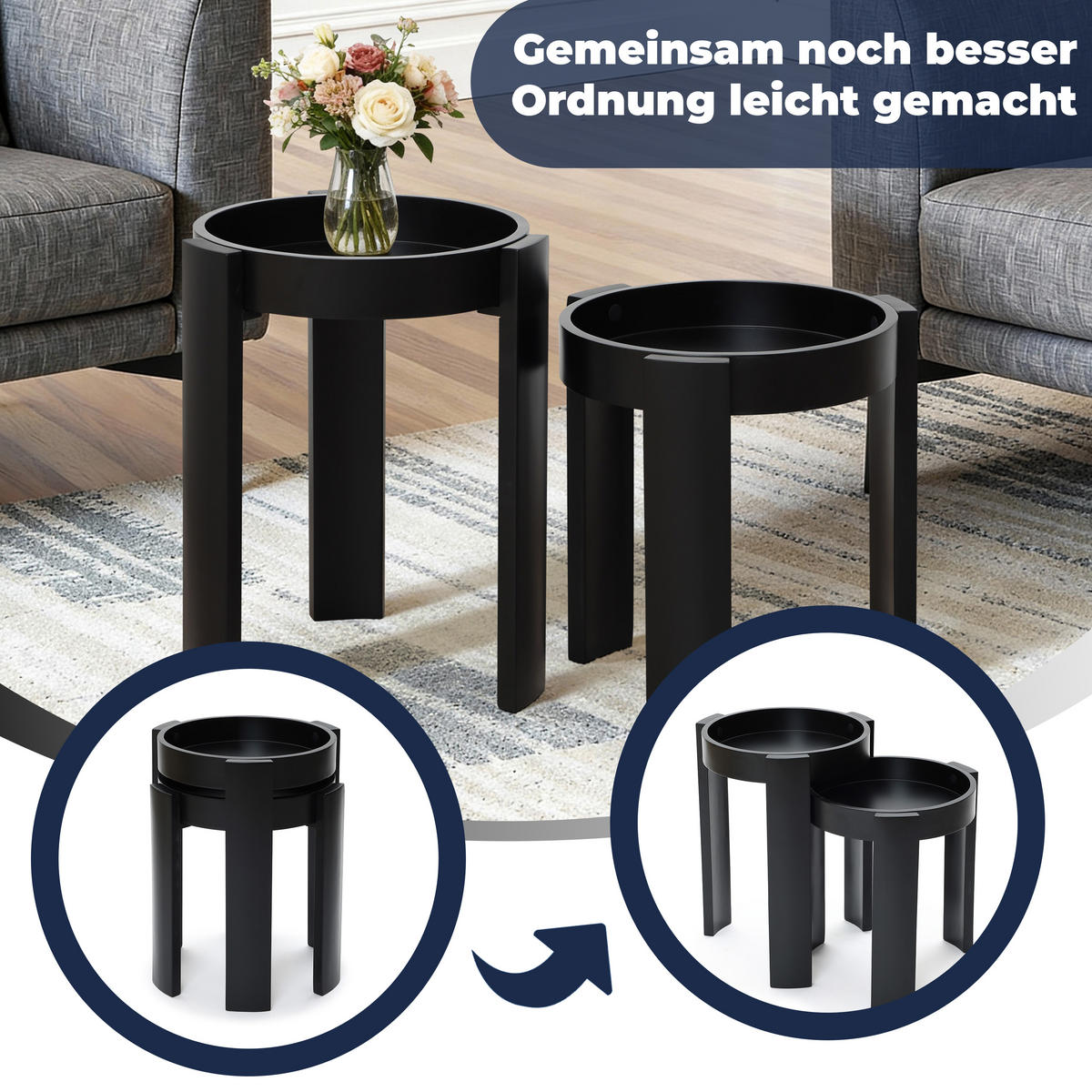 BEISTELLTISCH 2er Set, Ø42,5 x 56,5 cm & Ø42,5 x 47 cm - Schwarz, Holz (42.5/42.5/56.5cm)