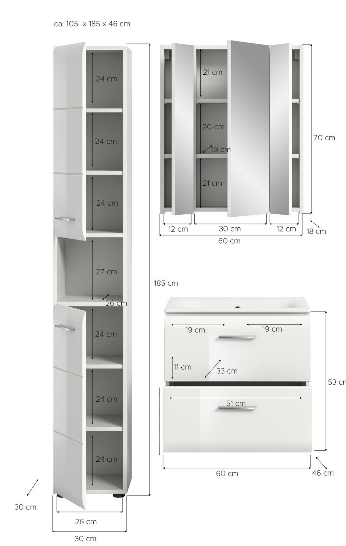 BADMÖBEL SET 3-teilig in weiß Hochglanz inkl. Waschbecken 105 x 185 cm Cover - Weiß Hochglanz/Silberfarben, Holzwerkstoff/Kunststoff (105/185/46cm) - Inn.Furn