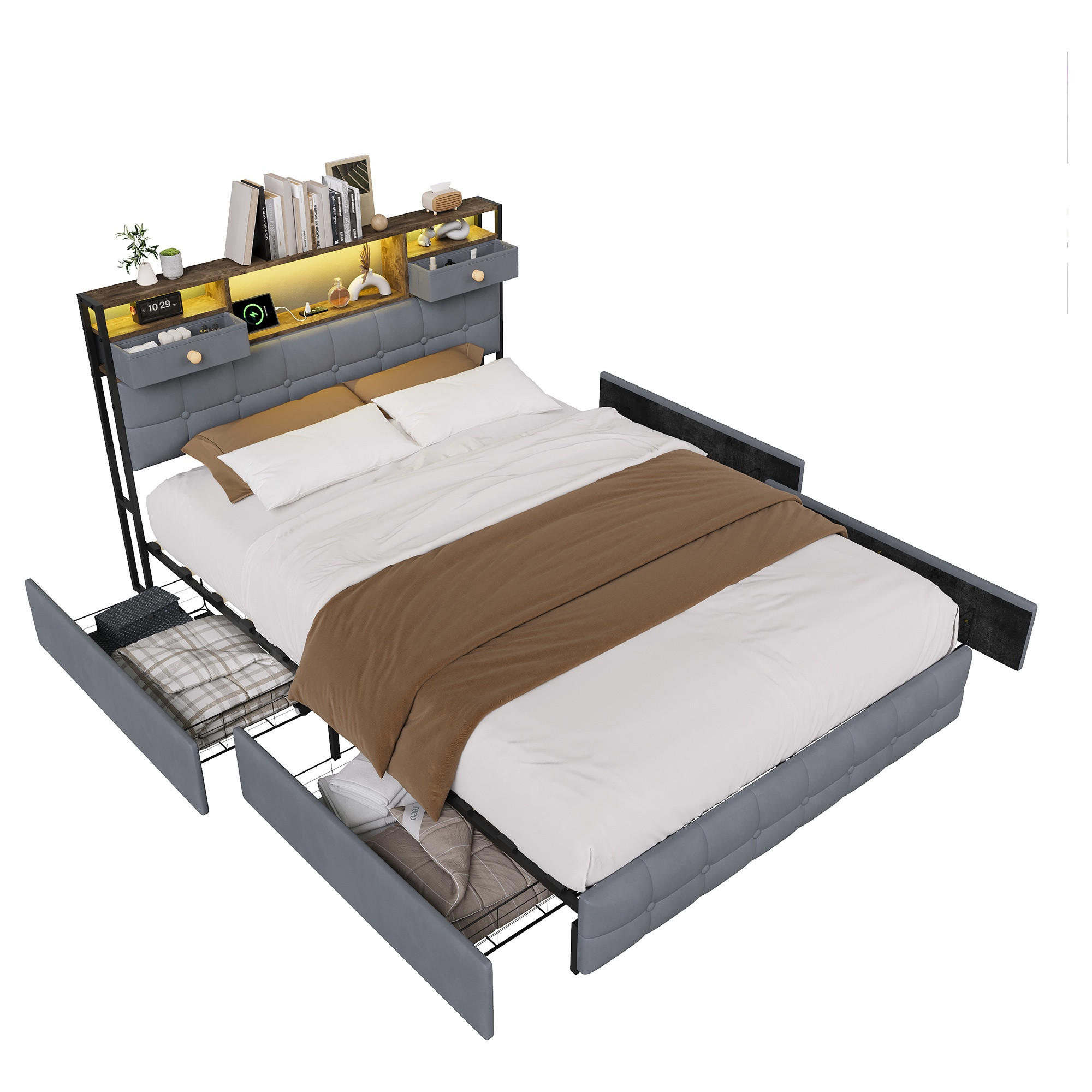 STAURAUMBETT 140/200 cm aus Samt, mit 4 seitlichen Schubladen + 2 Kopfteil-Schubladen, LED und USB-Anschluss, Grey - Grau, Holzwerkstoff (160/200cm) - Brevoria