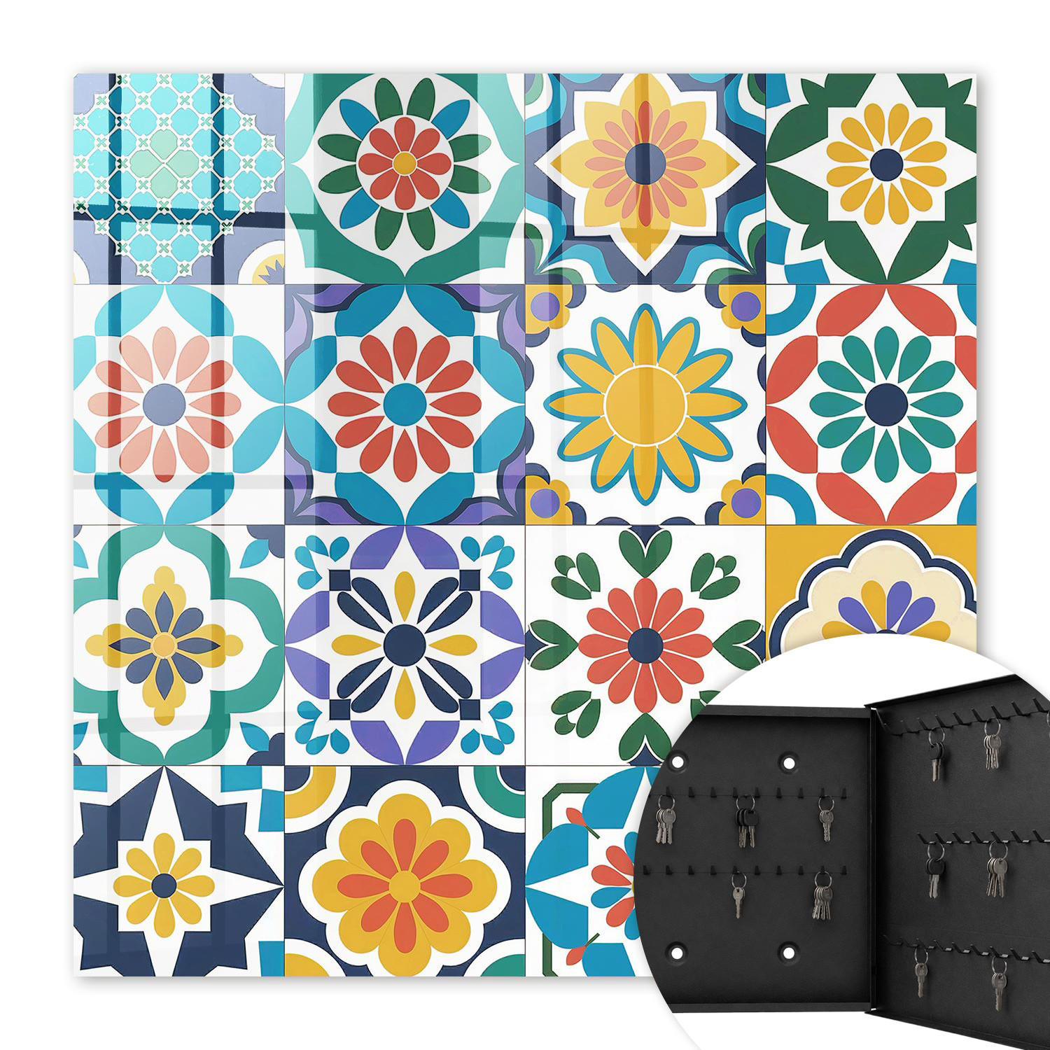 SCHLÜSSELBOX Schwarz 30x30 cm- Türöffnung nach rechts - Blumenmuster - Blau, Metall (30/30/5cm) - TULUP