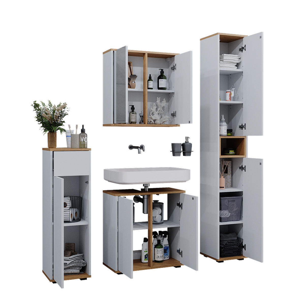 BADMÖBEL-SET Didi Weiß/Artisan 4 Teile und Midischrank mit Schubladen - Weiß/Eiche Artisan, Holzwerkstoff (60/62/30cm) - Vicco