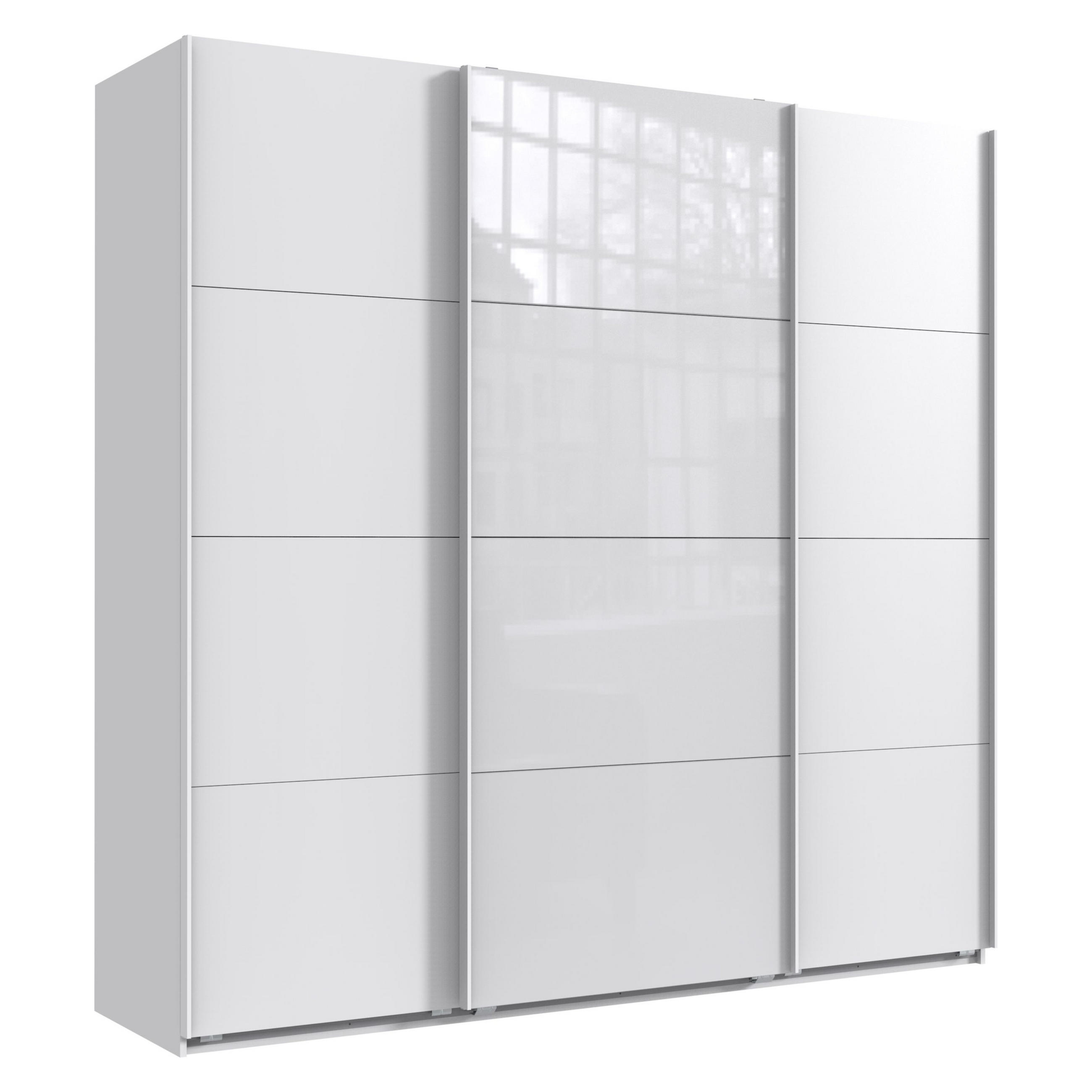SCHWEBETÜRENSCHRANK 3-türig extrahoch in Weiß, eine Tür mit Glasfront Weiß, B225/H236/T64 cm / 22542 - Weiß, Holzwerkstoff/Metall (225/236/64cm) - luma-home