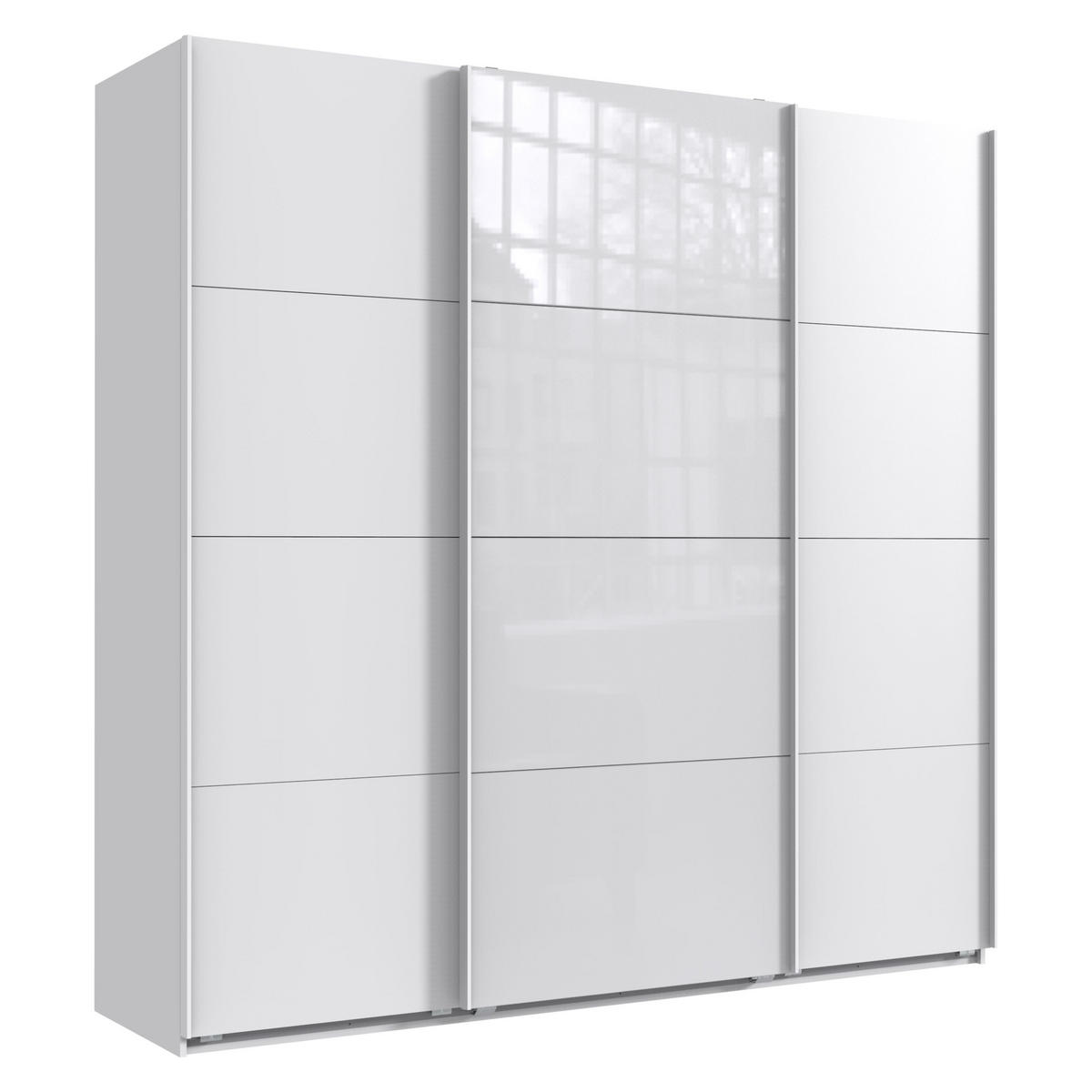 SCHWEBETÜRENSCHRANK 3-türig extrahoch in Weiß, eine Tür mit Glasfront Weiß, B225/H236/T64 cm / 22542 - Weiß, Holzwerkstoff/Metall (225/236/64cm) - luma-home