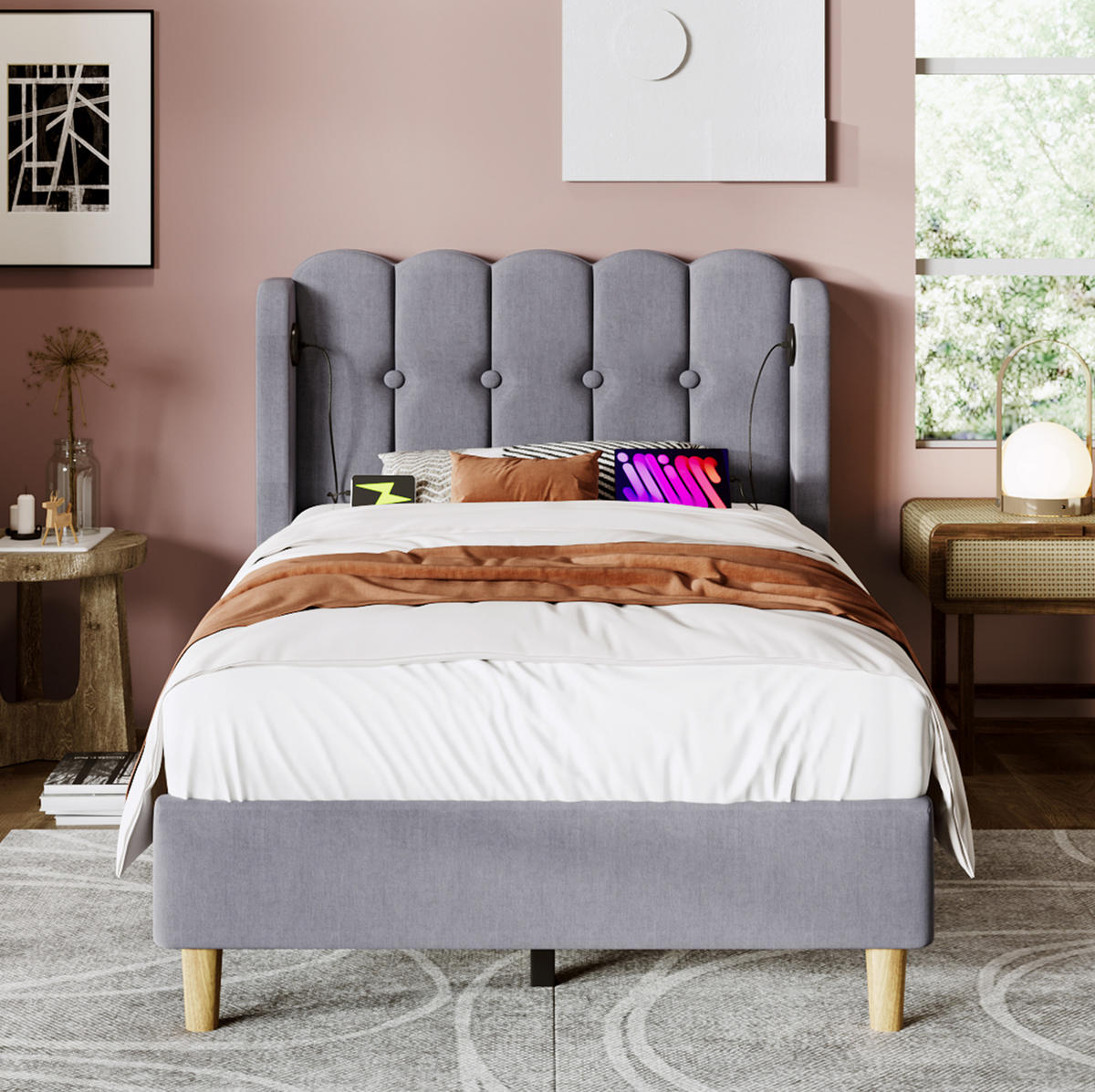 POLSTERBETT 90/200 cm mit USB-C und Lattenrost, grau, gepolstertes Kopfteil - Grau, Textil (90/200cm) - BEAOK