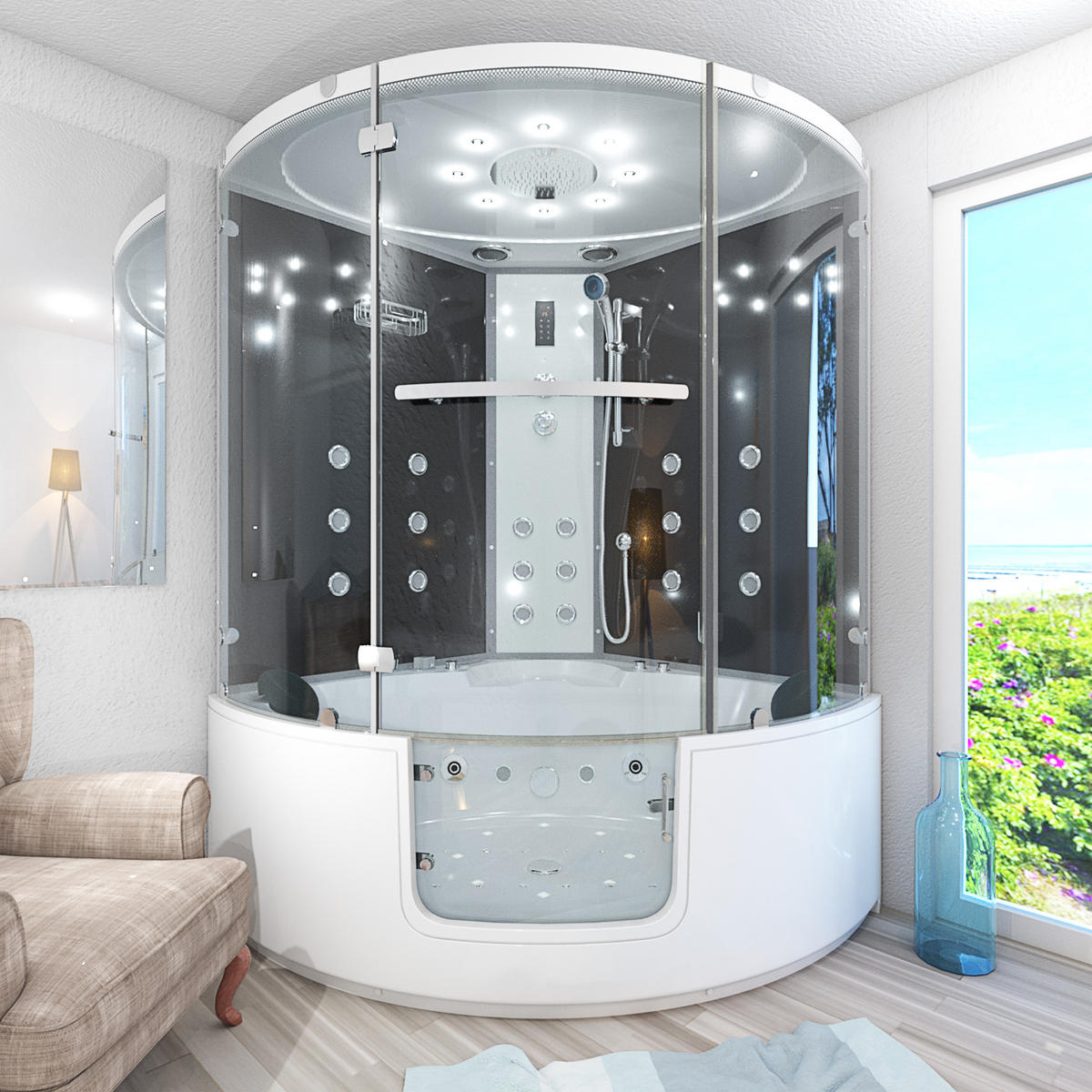 DAMPFDUSCHE Whirlpool K60-SW-EH-EC-SC - Schwarz, Glas/Kunststoff (140/140/210cm) - AcquaVapore by Sandra Jentho