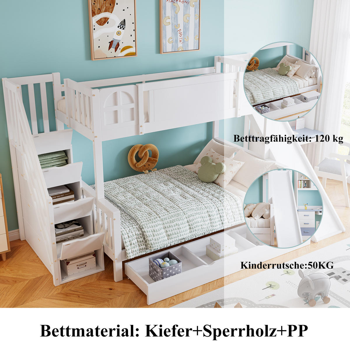 ETAGENBETT 90/200 & 120/200 cm in Weiß mit Rutsche, Stauraumtreppe und Fenstern - Weiß, Holzwerkstoff (90/200cm) - Flora Grace