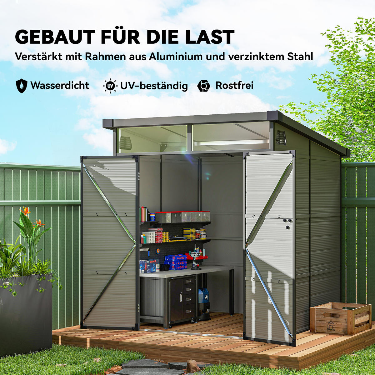 GERÄTEHAUS Kunststoff 3,24m³ 190x191x215cm Geräteschuppen mit Pultdach Hellgrau - Hellgrau, Kunststoff (190/215/191cm) - Outsunny