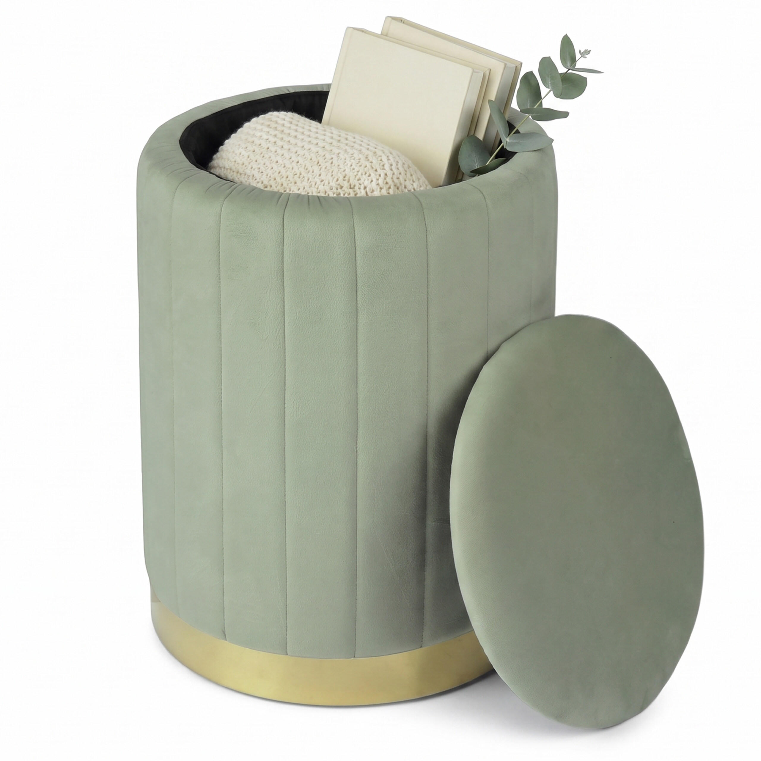 HOCKER Salbei Samt mit Stauraum goldfarbener Metallsockel - Grün, Holzwerkstoff/Textil (32/42/32cm) - Relaxdays