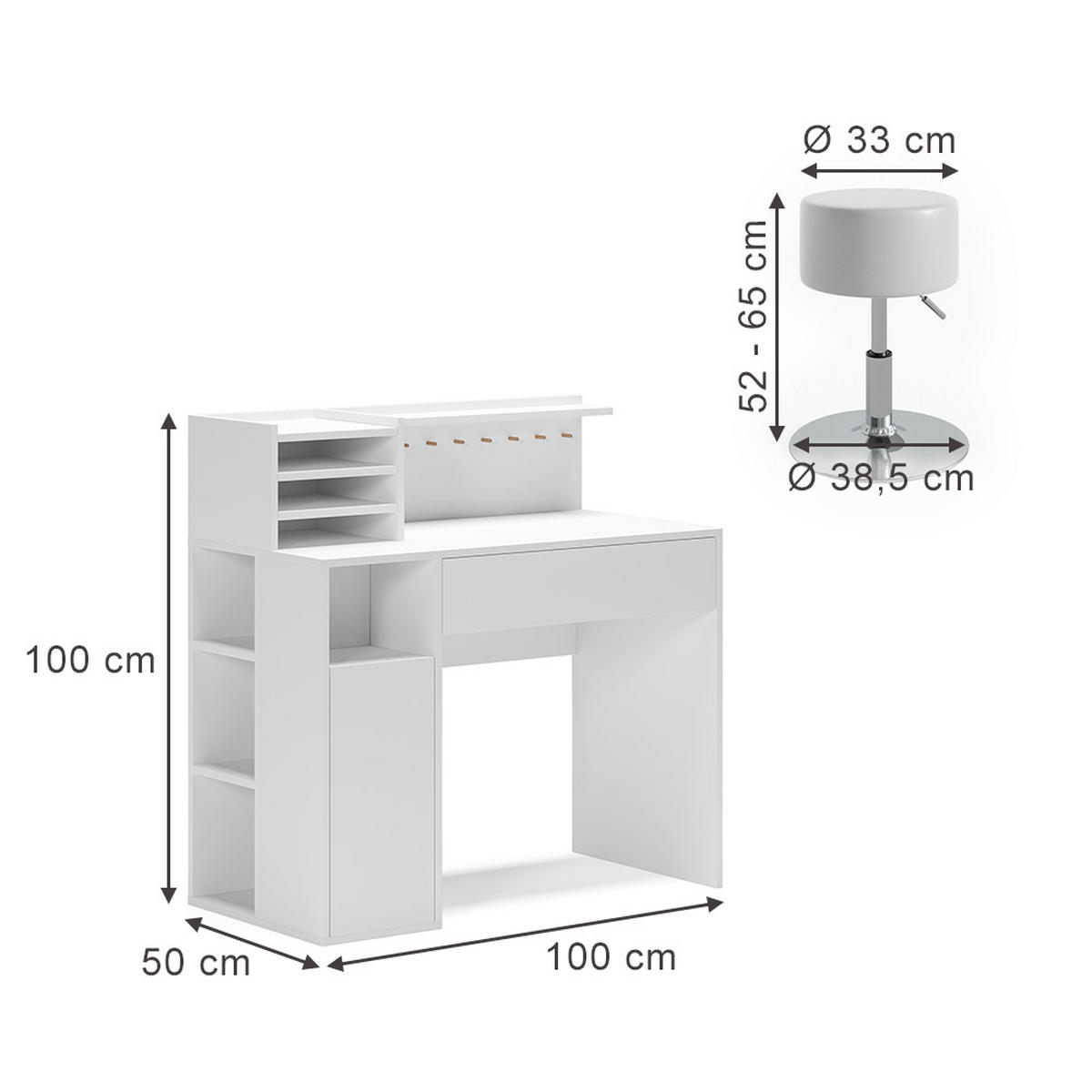 SCHREIBTISCH Weiß 2 Teile, mit Hocker - Weiß, Holzwerkstoff (50/100/100cm) - Vicco