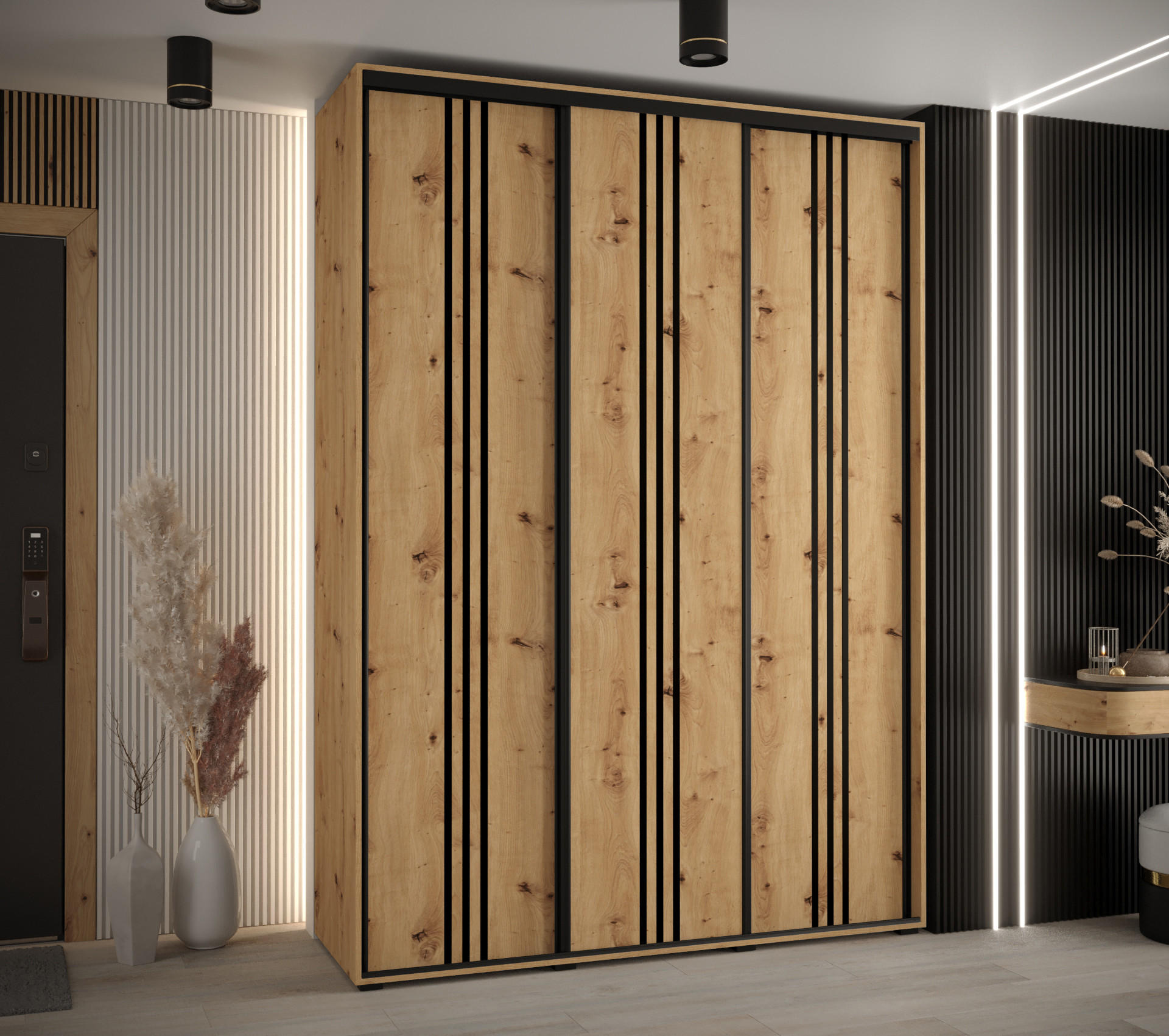 SCHWEBETÜRENSCHRANK 235,2/170/45 3-türig - Schwarz/Eiche Artisan, Holz/Metall (170/235/45cm) - Abiks Möbel