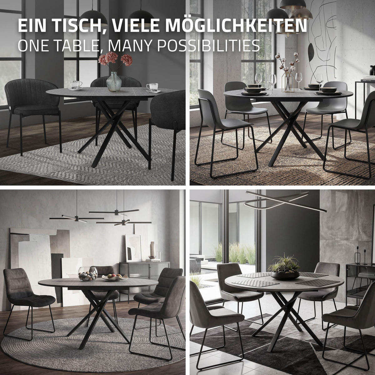 ESSTISCH ausziehbar rund Grau meliert 100-140x76x100 cm - Schwarz/Grau, Holzwerkstoff/Metall (69/69/76cm) - ML-DESIGN