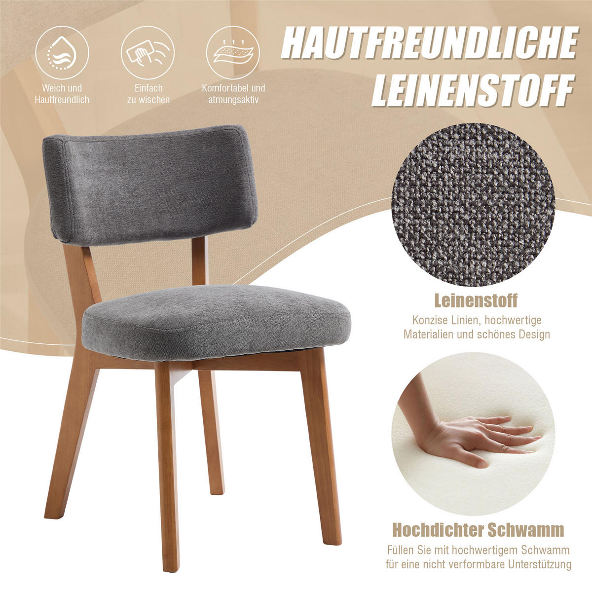 ESSZIMMERSTUHL 2er Set Stoffstuhl mit Holzgestell grau - Grau, Holz (47/77/54.5cm) - Kaket