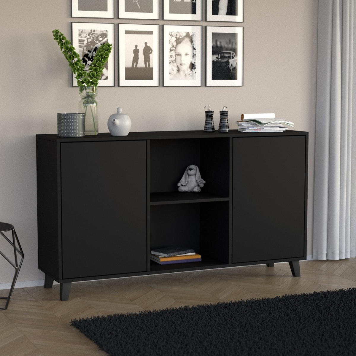 KOMMODE Home mit 2 Türen, ohne Griffe, Schwarz - Schwarz, Holzwerkstoff (150/85/40cm) - Beautysofa