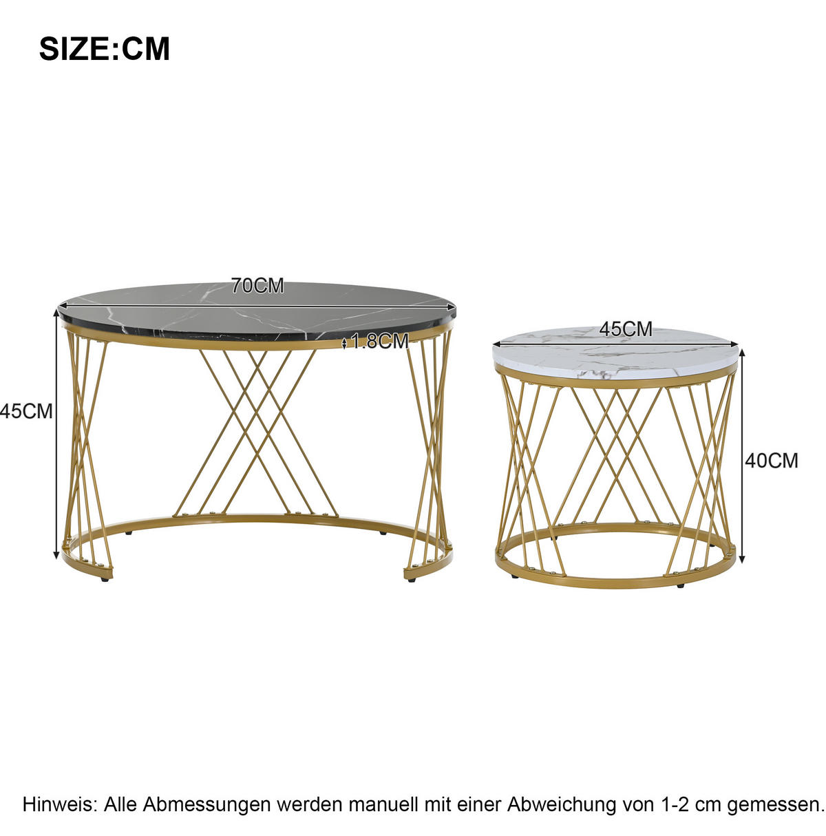 COUCHTISCH-SET 70/70/45 cm Schwarz aus Holzwerkstoff mit Marmormuster-Furnier im Nesting-Design - Schwarz, Holzwerkstoff (70/70/45cm) - OKWISH