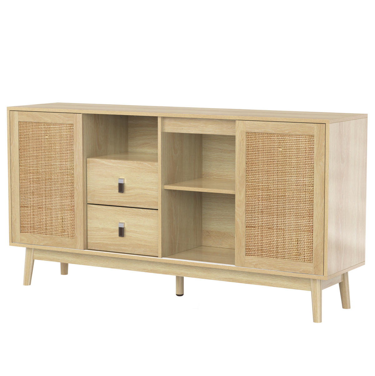 SIDEBOARD 155/38/80 cm mit 3 Schiebetüren, Rattan-Fronten & 2 Schubladen - Naturfarben, Holzwerkstoff (155/80/38cm) - BEAOK