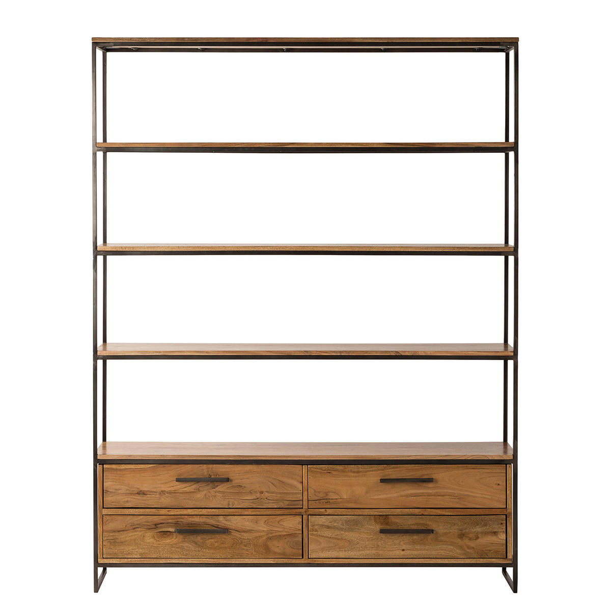 REGAL mit 4 Schubladen - Akazie massiv / Eisen - Akaziefarben, Holz (145/190/35cm) - home24