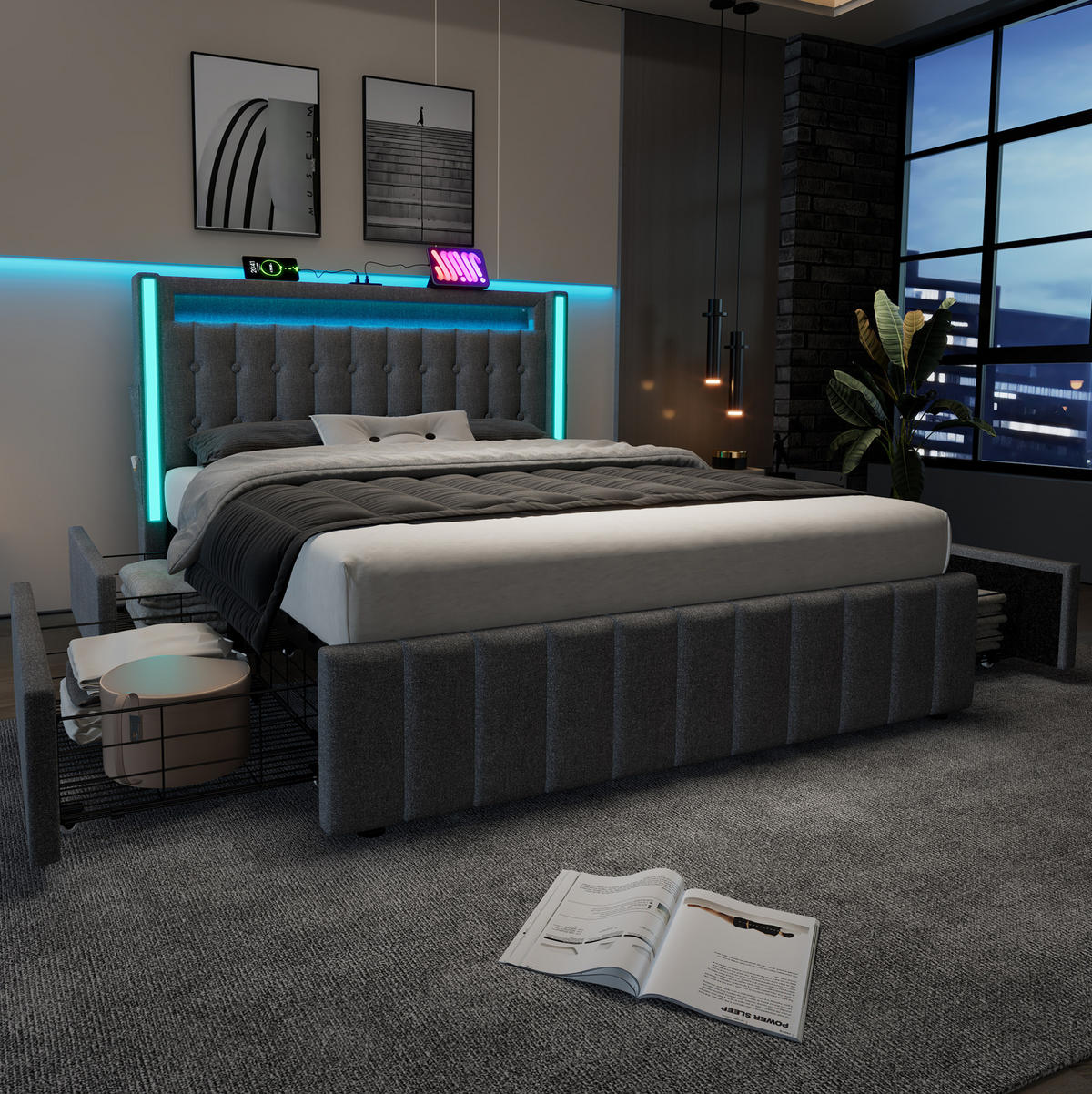 POLSTERBETT mit LED, USB und 4 Schubladen 160x200 cm Leinen Grau - Grau, Metall (160/200cm) - Meubliv