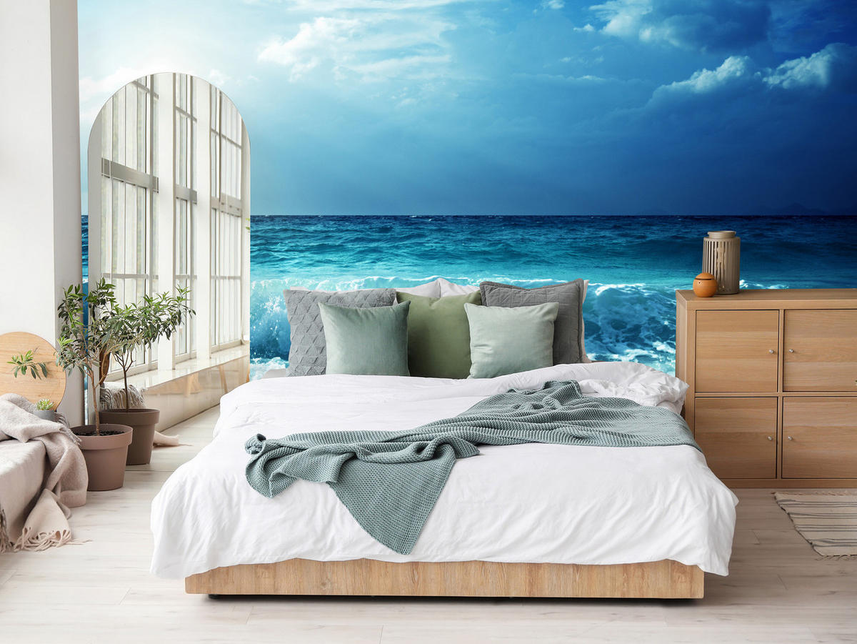 FOTOTAPETE Meer Wellen Strand Landschaft 3D 500x350 - Blau/Beige, Papier (500/350cm) - Muralo