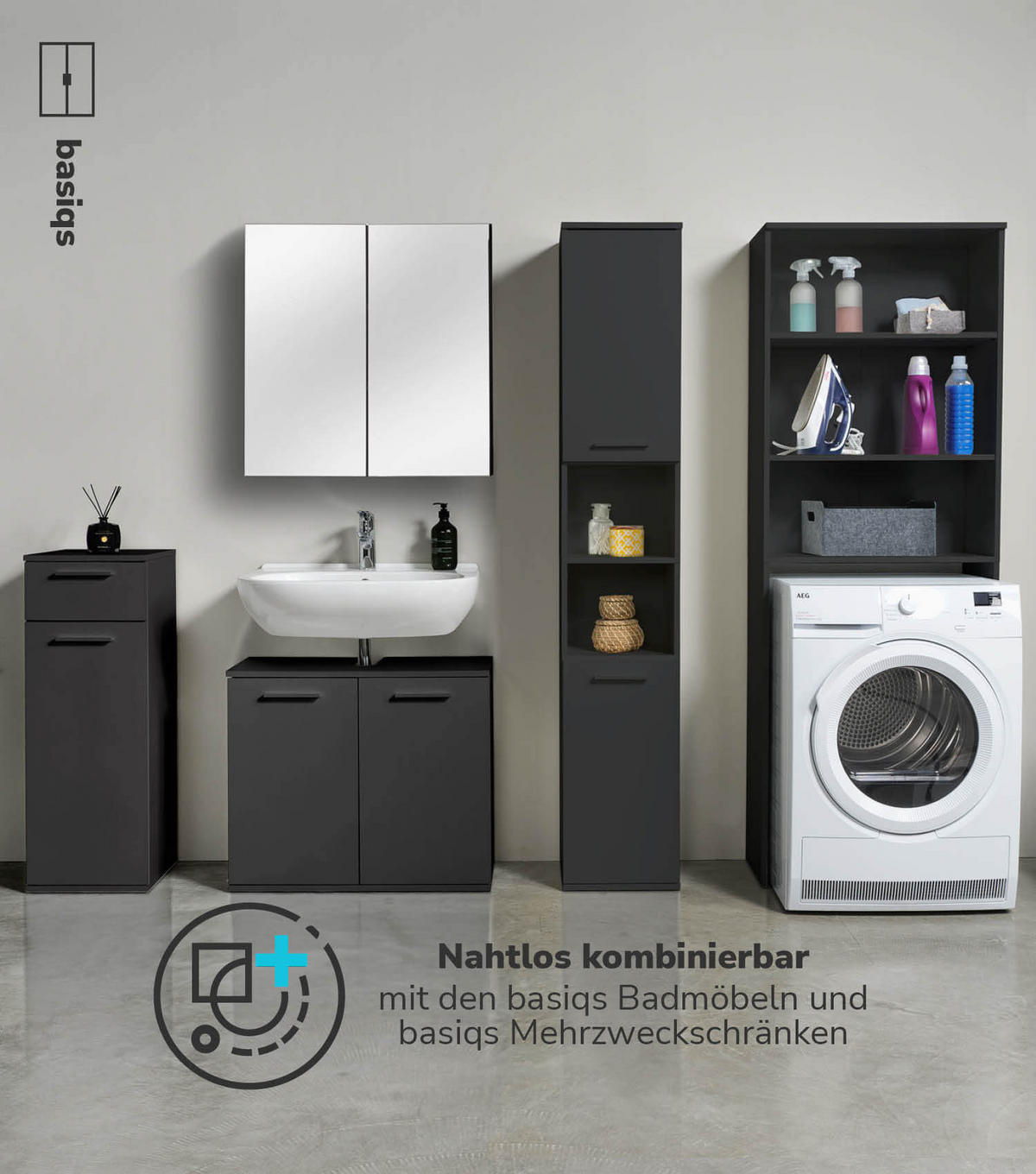 WASCHMASCHINENSCHRANK Der Saubermann - Anthrazit/Schwarz, Holzwerkstoff (65/180/34cm) - Mokebo