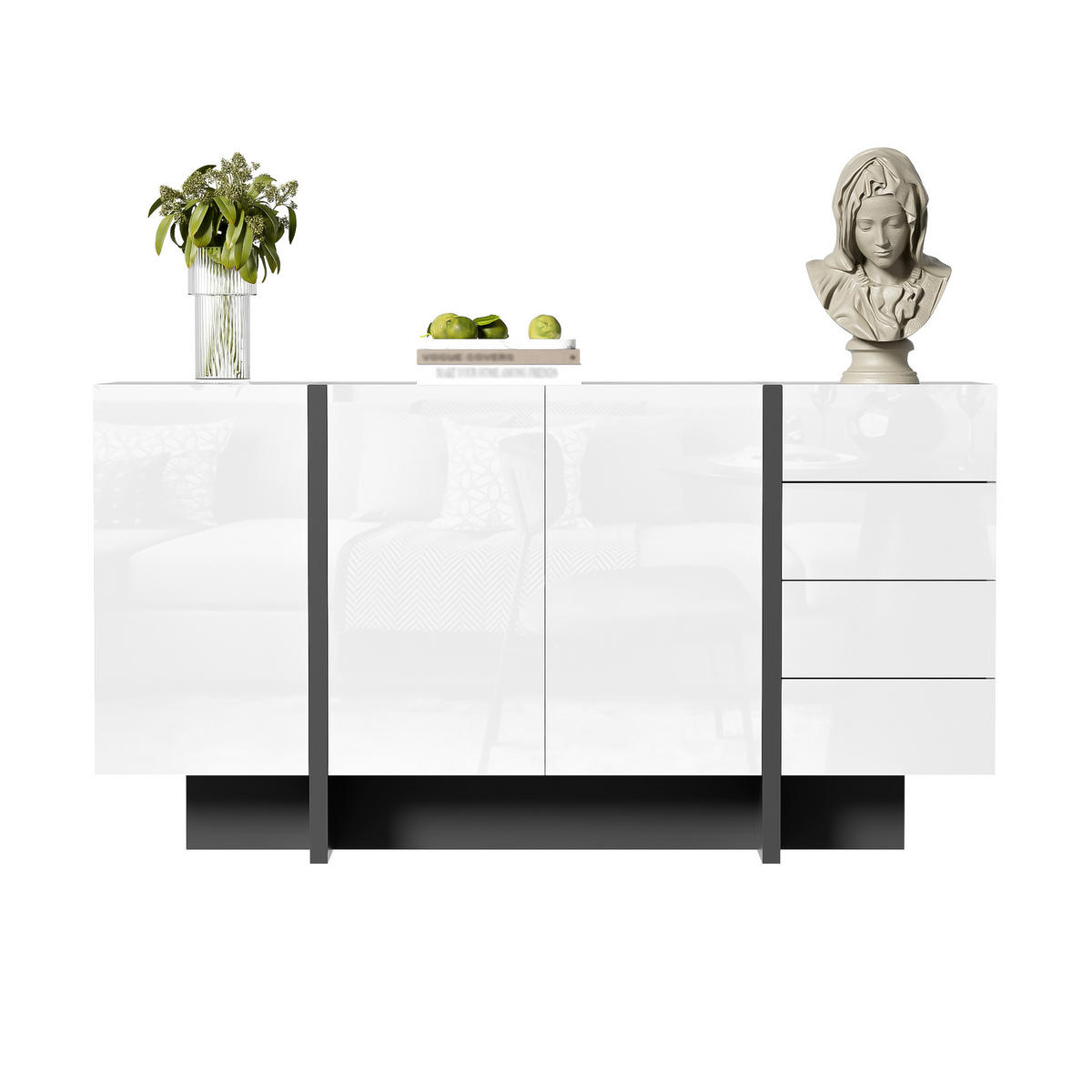 SIDEBOARD Hochglanz Weiß 2 Türen 4 Schubladen Modern - Weiß, Holzwerkstoff (40/80.5/150cm) - FLIEKS
