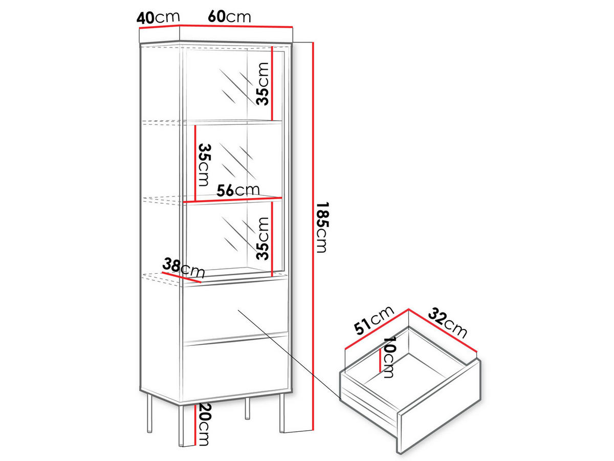 VITRINE Domi 60 2S - Kaschmir/Schwarz, Holzwerkstoff/Metall (60/185/40cm) - MIRJAN24