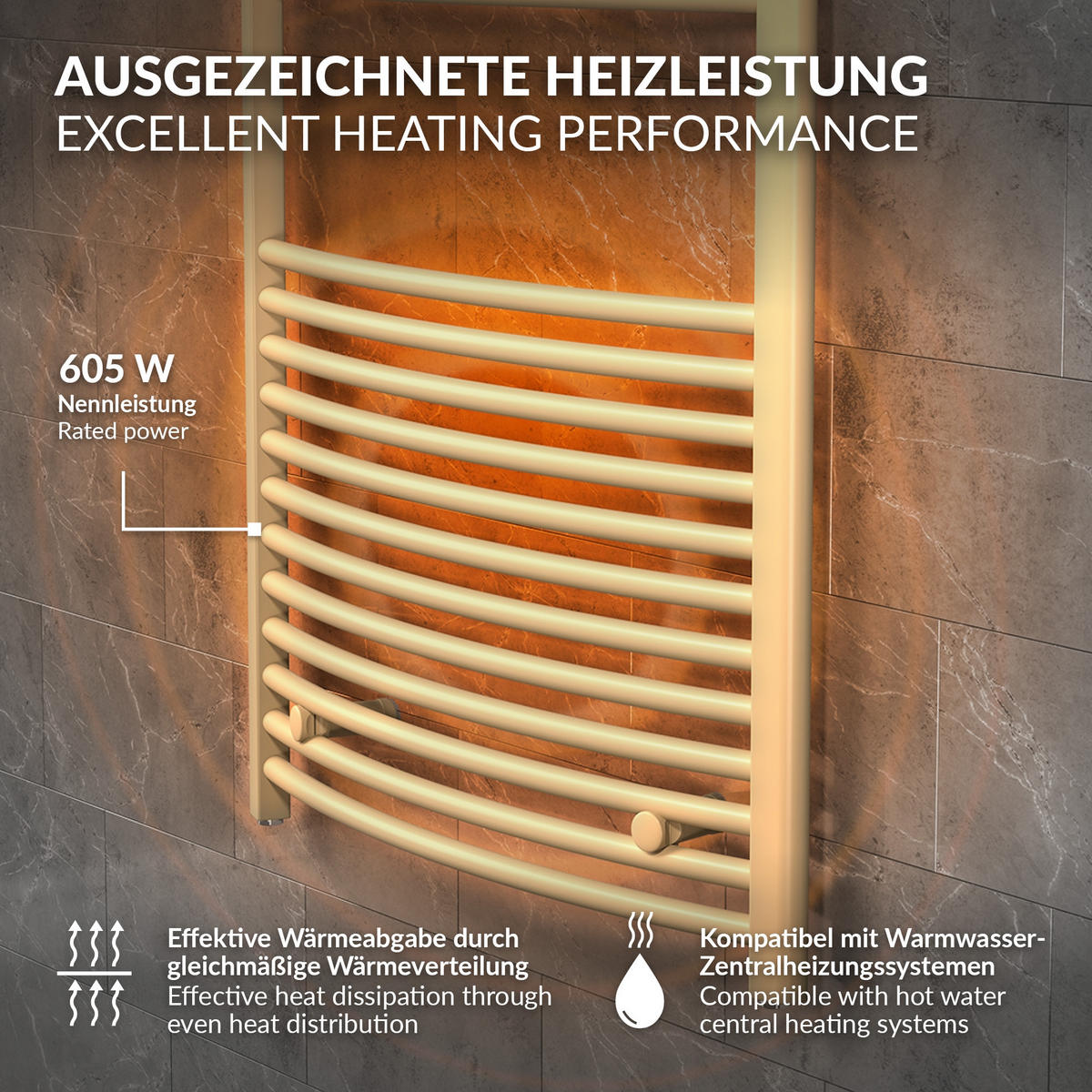 HANDTUCHHEIZKÖRPER 500 x 1500 mm Beige Badheizkörper gebogen mit Seitenanschluss - Beige, Metall (50/150/3cm) - LuxeBath