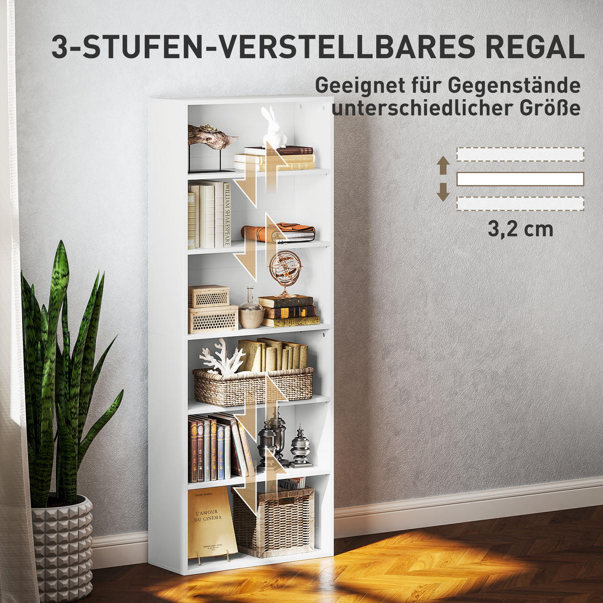 BÜCHERREGAL mit Verstellbare Ablage, Weiß - Weiß, Karton (24/158.5/60cm) - HOMCOM