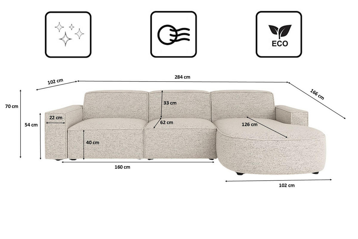 ECKSOFA Cursal Round L-Form, Stoff Artico, Beige, Rechts - Beige, Holz (284/166cm) - Kaiser Möbel