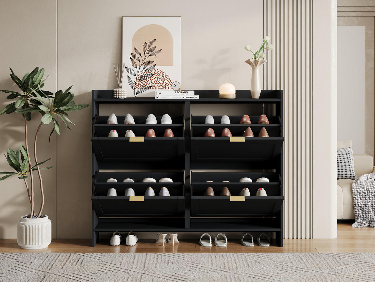 SCHUHSCHRANK 110/24/90 cm schwarz aus Spanplatte mit 4 Klappen - Schwarz, Holzwerkstoff (110/90/24cm) - OKWISH