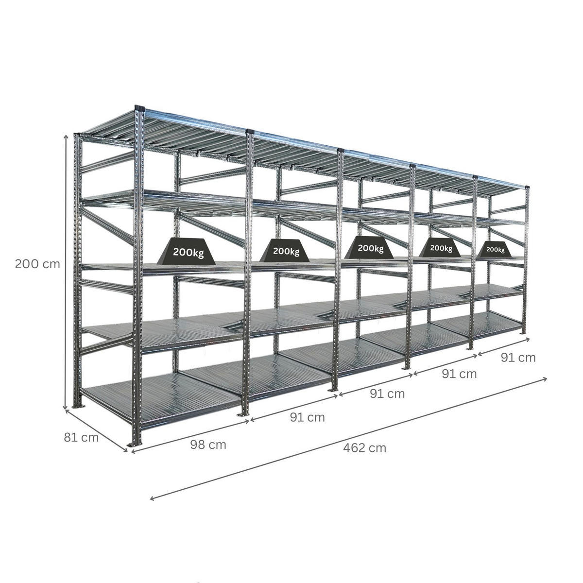 FACHBODENREGAL Proximo Stecksystem 200x450x80cm 5 Ebenen Fachlast 200 kg Beidseitig nutzbar Verzinkt - Silberfarben, Metall (450/200/80cm) - PROREGAL