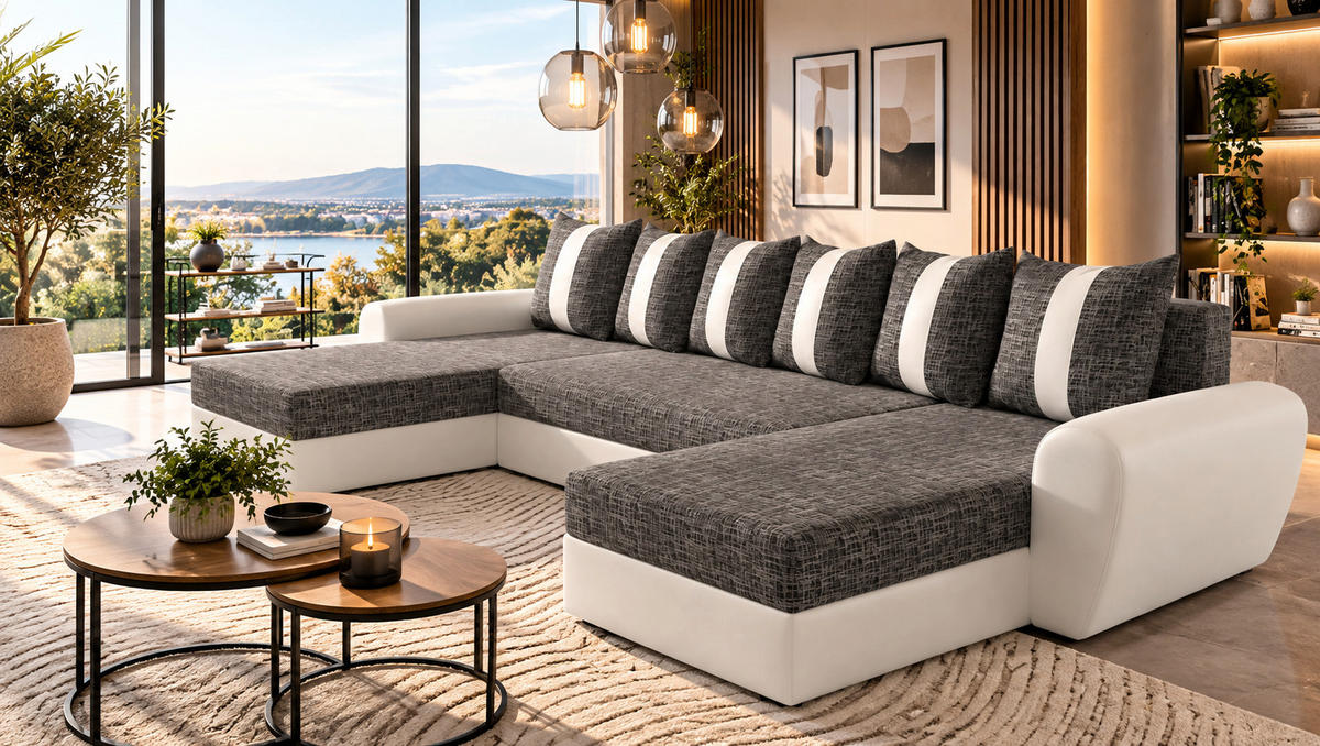 WOHNLANDSCHAFT PUMA U-Form 308 cm mit Schlaffunktion, Bettkasten, Kunstleder-Stoff oder Samt, verschiedene Farben - Schwarz/Weiß, Kunststoff (308/85/140cm) - Wohnideebilder