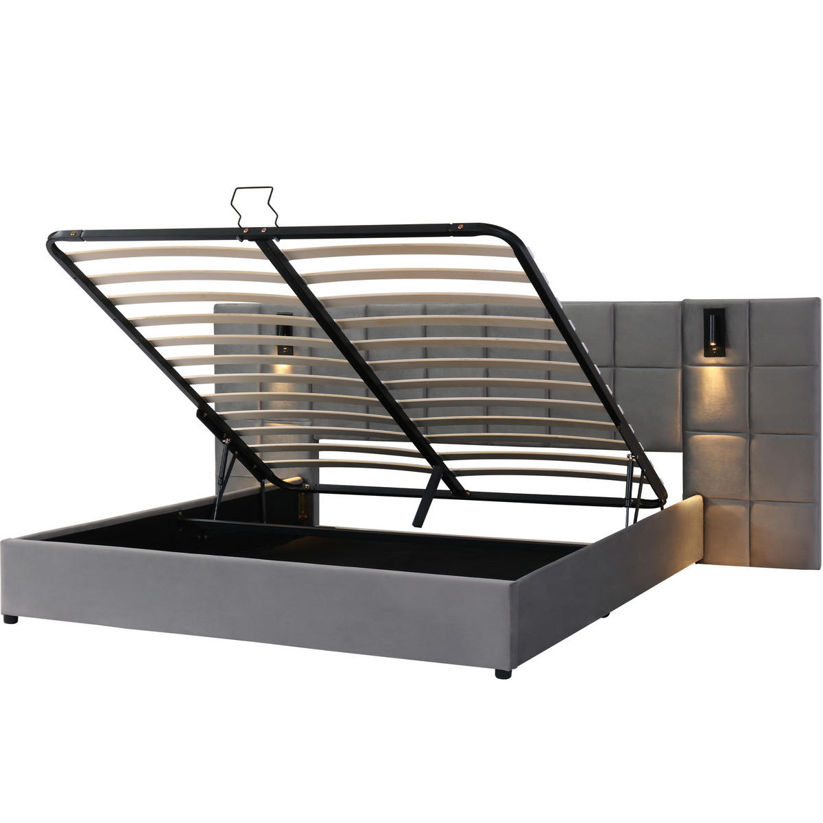 POLSTERBETT 140/200 cm Grau mit hydraulischem Stauraum und Leselicht - Grau, Metall (140/200cm) - OKWISH