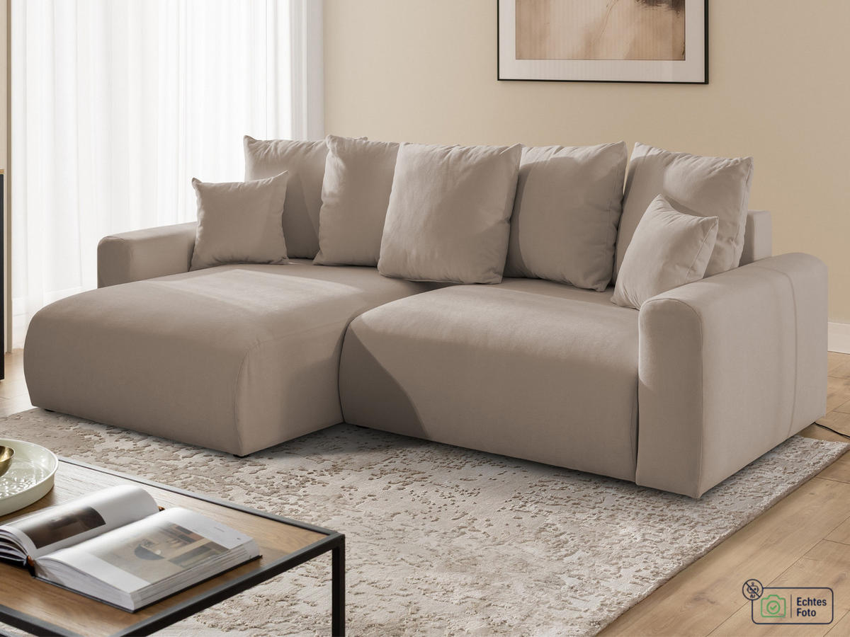 ECKSOFA Calma mit Schlaffunktion und Bettkasten im Bumpy-Design aus weichem Greige Webstoff - Ottomane links - Greige/Schwarz, Holz/Kunststoff (239/140cm) - S-Style